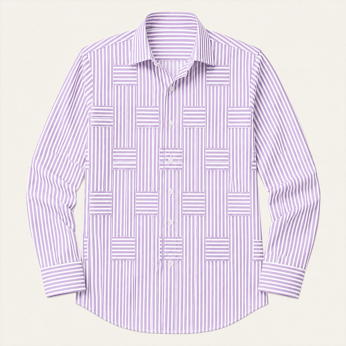 Men's Long Sleeve Striped Shirt with Spread Collar and Button-Up Front