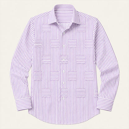 Men's Long Sleeve Striped Shirt with Spread Collar and Button-Up Front
