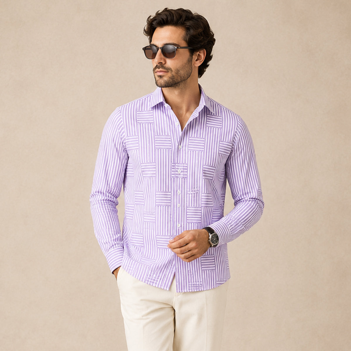 Men's Long Sleeve Striped Shirt with Spread Collar and Button-Up Front