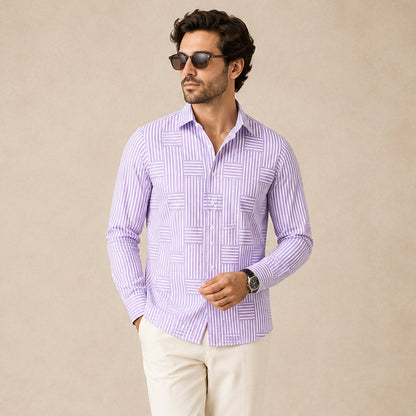 Men's Long Sleeve Striped Shirt with Spread Collar and Button-Up Front