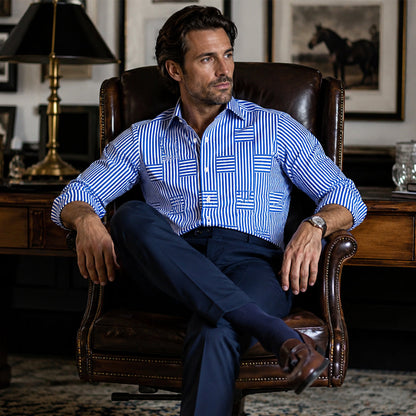 Men's Long Sleeve Striped Shirt with Spread Collar and Button-Up Front
