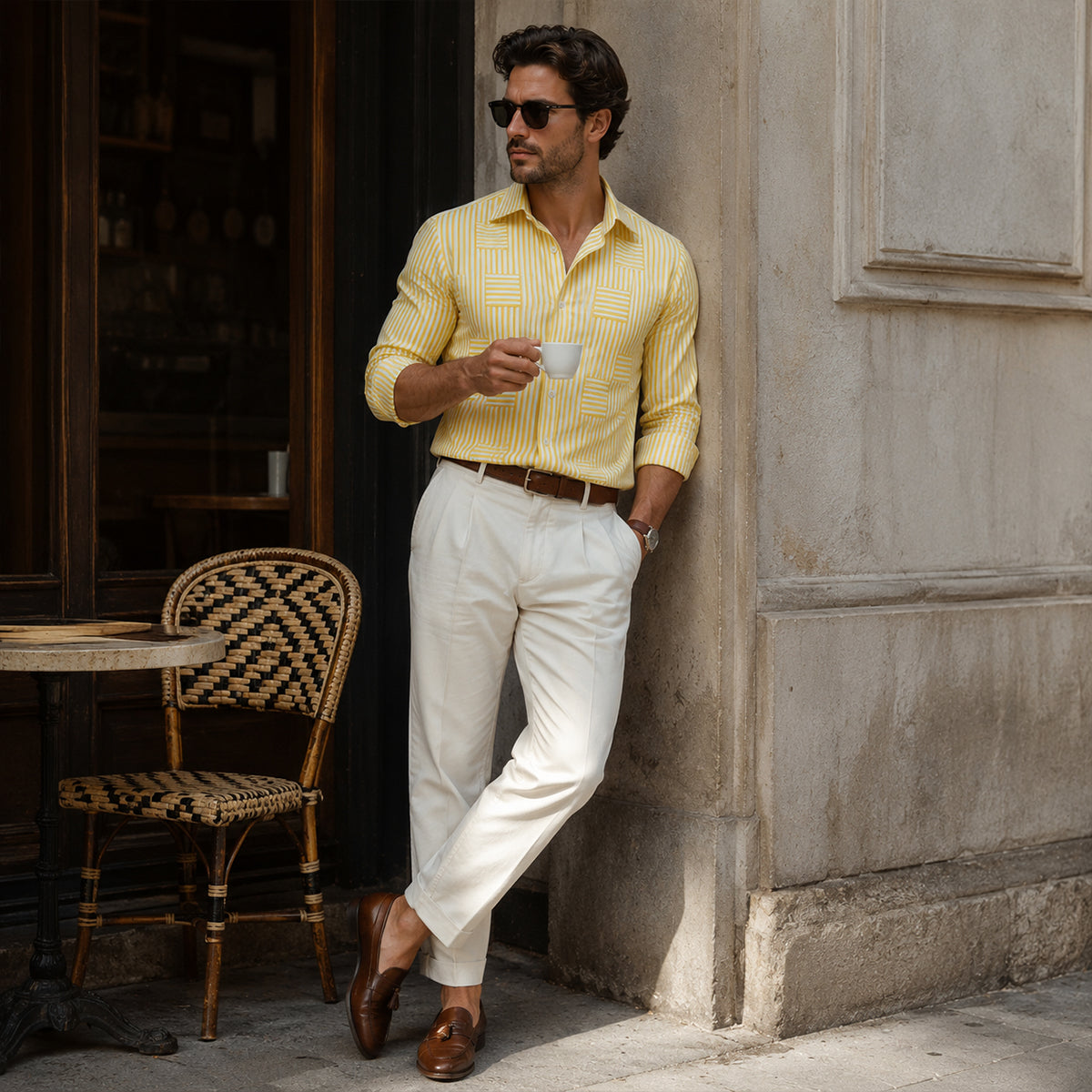 Men's Long Sleeve Striped Shirt with Spread Collar and Button-Up Front