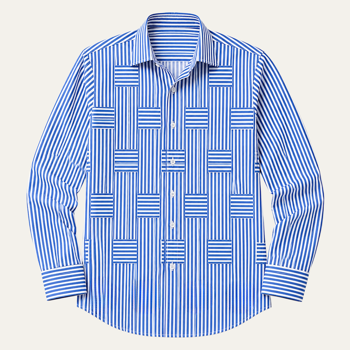 Men's Long Sleeve Striped Shirt with Spread Collar and Button-Up Front