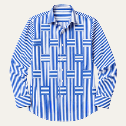 Men's Long Sleeve Striped Shirt with Spread Collar and Button-Up Front