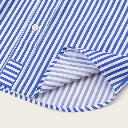 Men's Long Sleeve Striped Shirt with Spread Collar and Button-Up Front