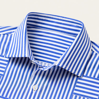 Men's Long Sleeve Striped Shirt with Spread Collar and Button-Up Front