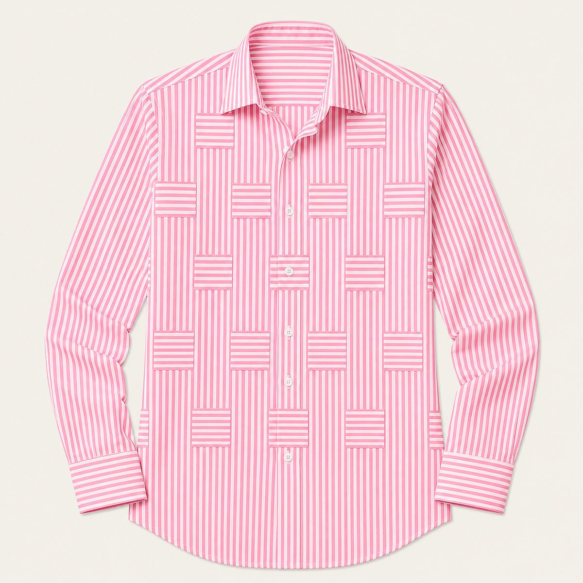 Men's Long Sleeve Striped Shirt with Spread Collar and Button-Up Front
