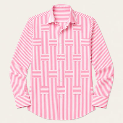 Men's Long Sleeve Striped Shirt with Spread Collar and Button-Up Front