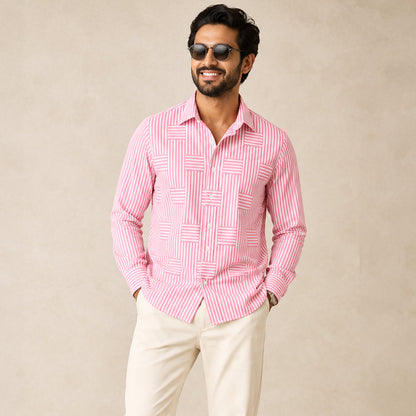 Men's Long Sleeve Striped Shirt with Spread Collar and Button-Up Front