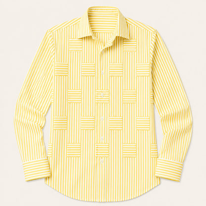 Men's Long Sleeve Striped Shirt with Spread Collar and Button-Up Front