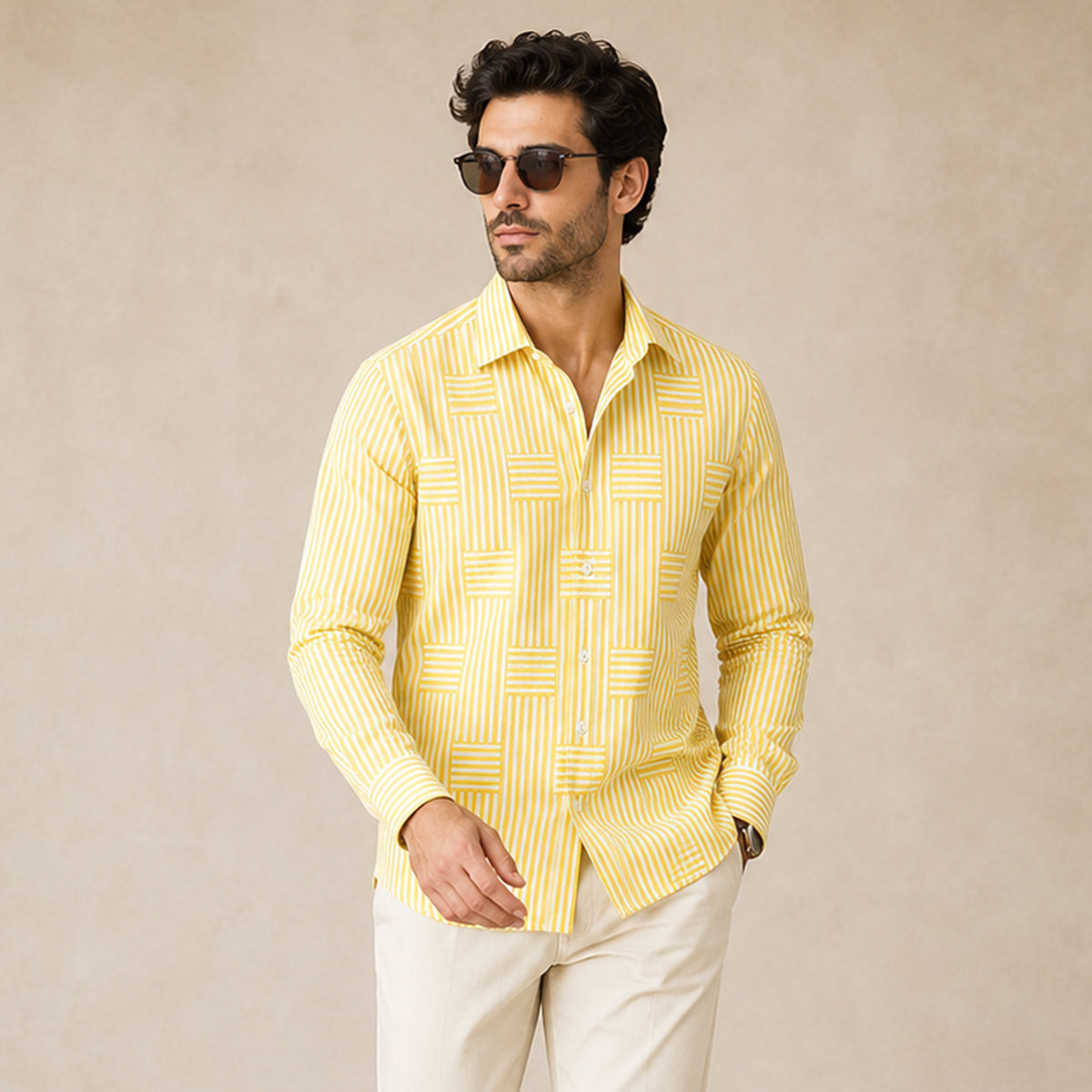 Men's Long Sleeve Striped Shirt with Spread Collar and Button-Up Front