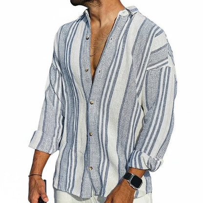 Men's Long Sleeve Striped Shirt with Stand Collar and Button Front