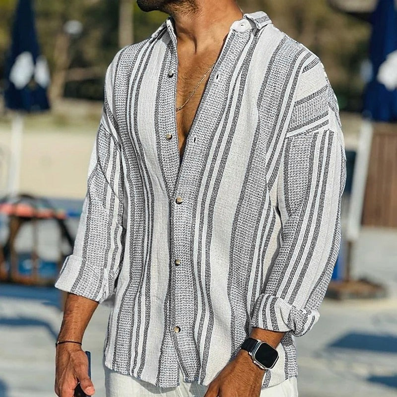 Men's Long Sleeve Striped Shirt with Stand Collar and Button Front