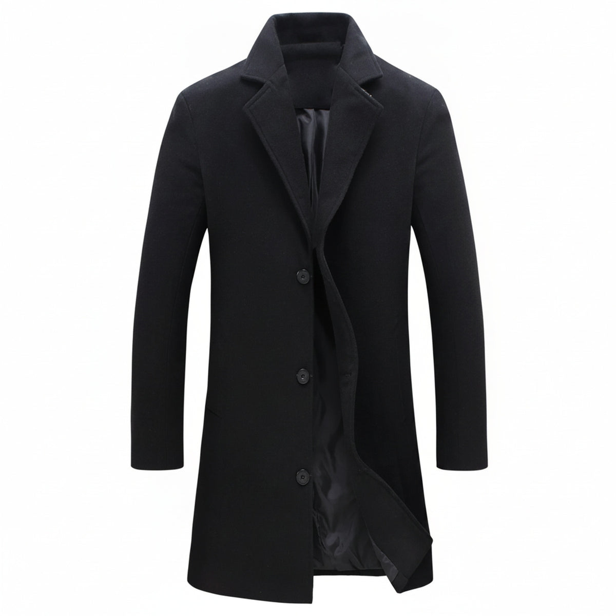 Men's Long Winter Coat with Notch Lapel and Button Closure