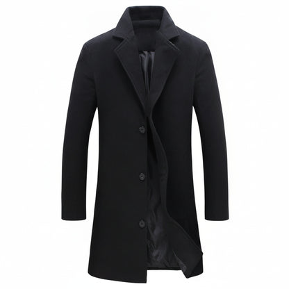 Men's Long Winter Coat with Notch Lapel and Button Closure