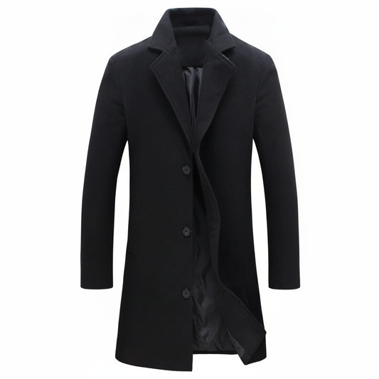 Men's Long Winter Coat with Notch Lapel and Button Closure