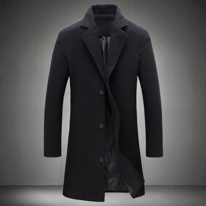Men's Long Winter Coat with Notch Lapel and Button Closure