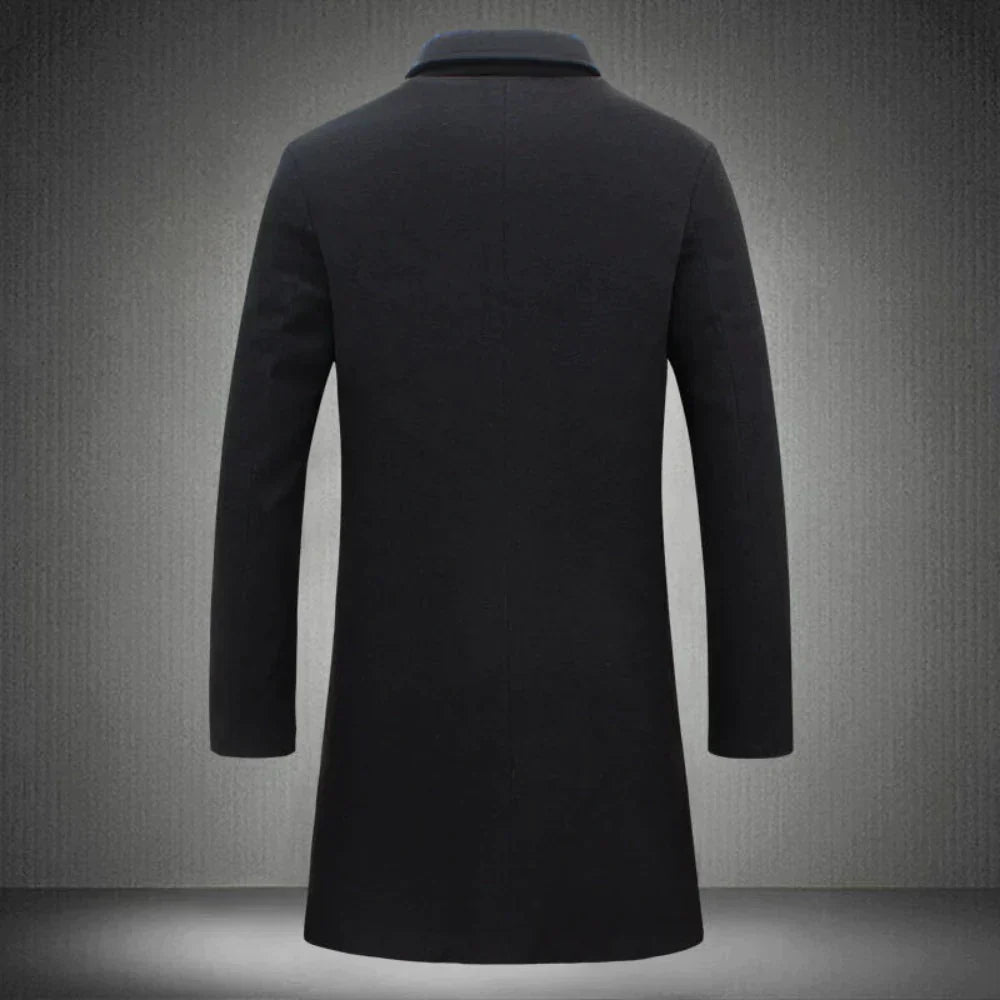 Men's Long Winter Coat with Notch Lapel and Button Closure