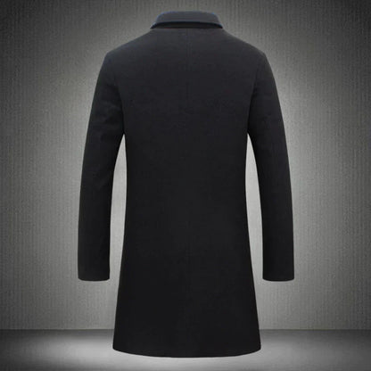 Men's Long Winter Coat with Notch Lapel and Button Closure