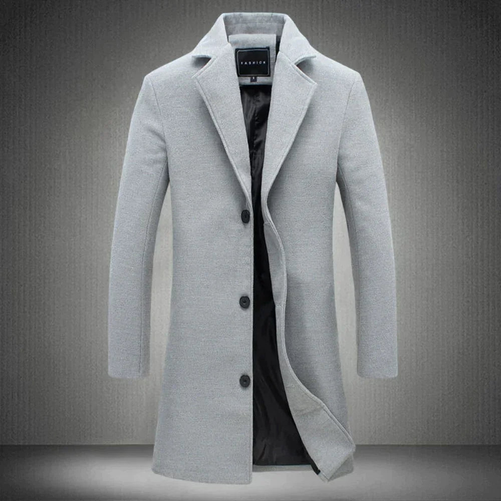 Men's Long Winter Coat with Notch Lapel and Button Closure