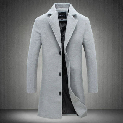 Men's Long Winter Coat with Notch Lapel and Button Closure