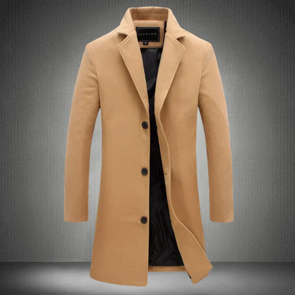 Men's Long Winter Coat with Notch Lapel and Button Closure