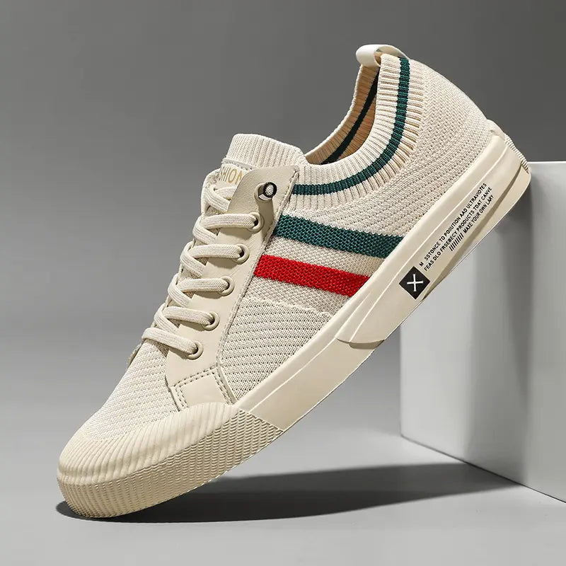 Men's Low-Top Sneakers with Striped Knit Upper and Lace-Up Closure