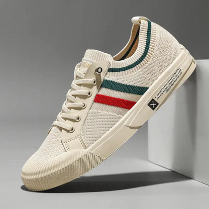 Men's Low-Top Sneakers with Striped Knit Upper and Lace-Up Closure