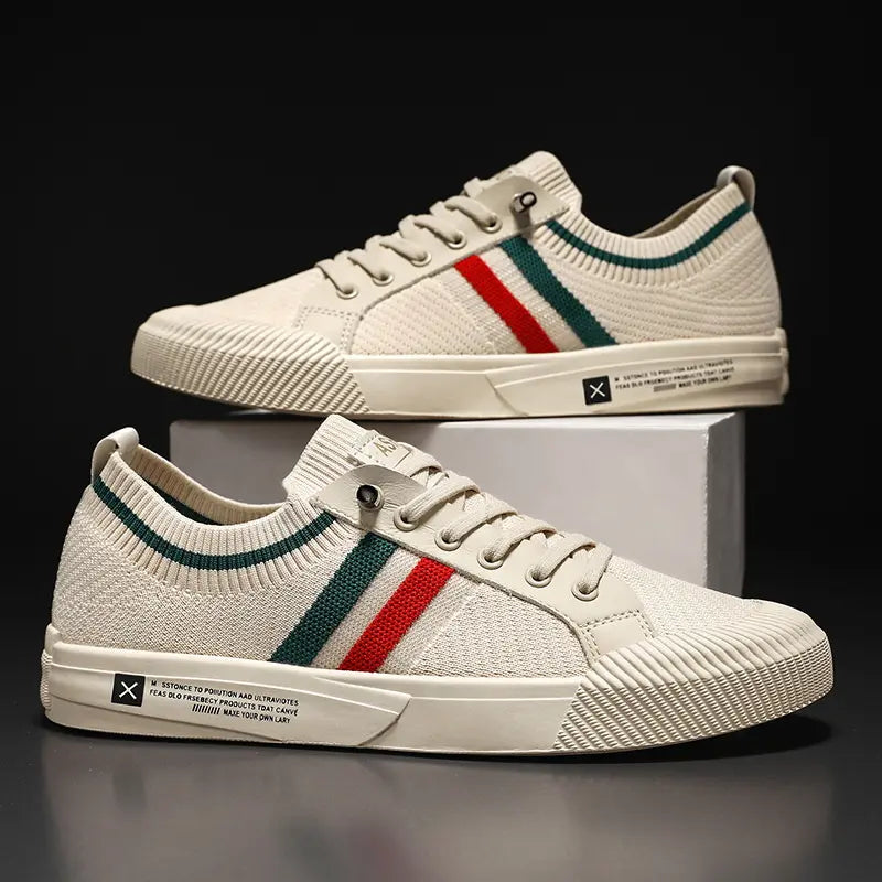 Men's Low-Top Sneakers with Striped Knit Upper and Lace-Up Closure