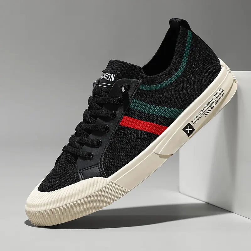 Men's Low-Top Sneakers with Striped Knit Upper and Lace-Up Closure