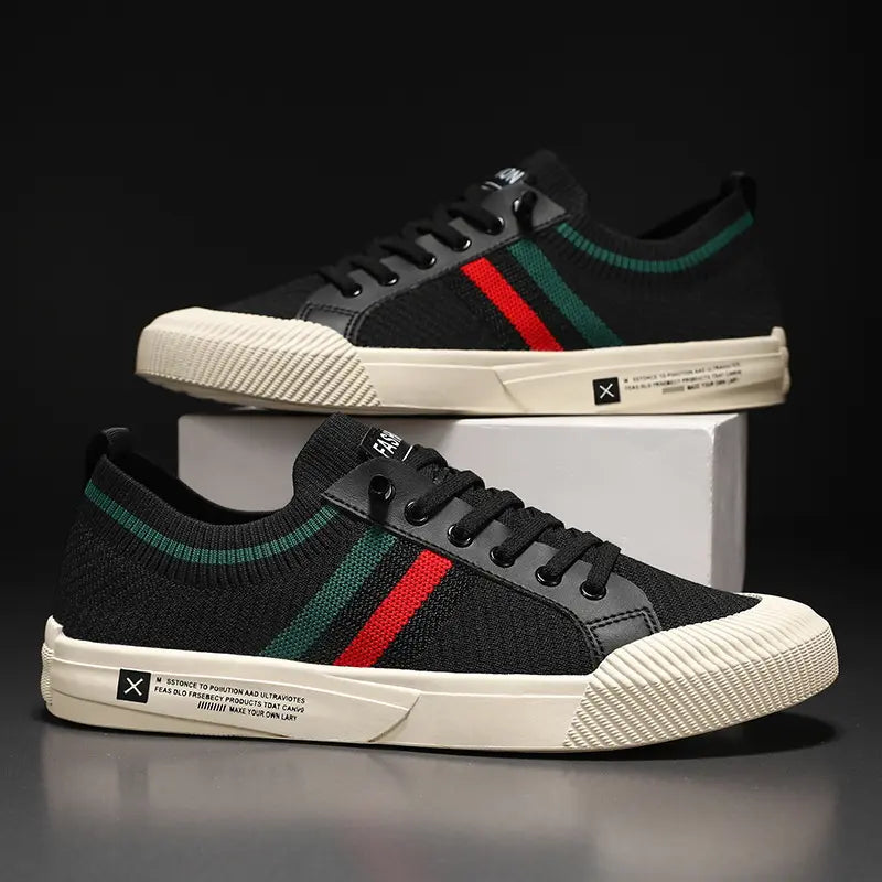 Men's Low-Top Sneakers with Striped Knit Upper and Lace-Up Closure