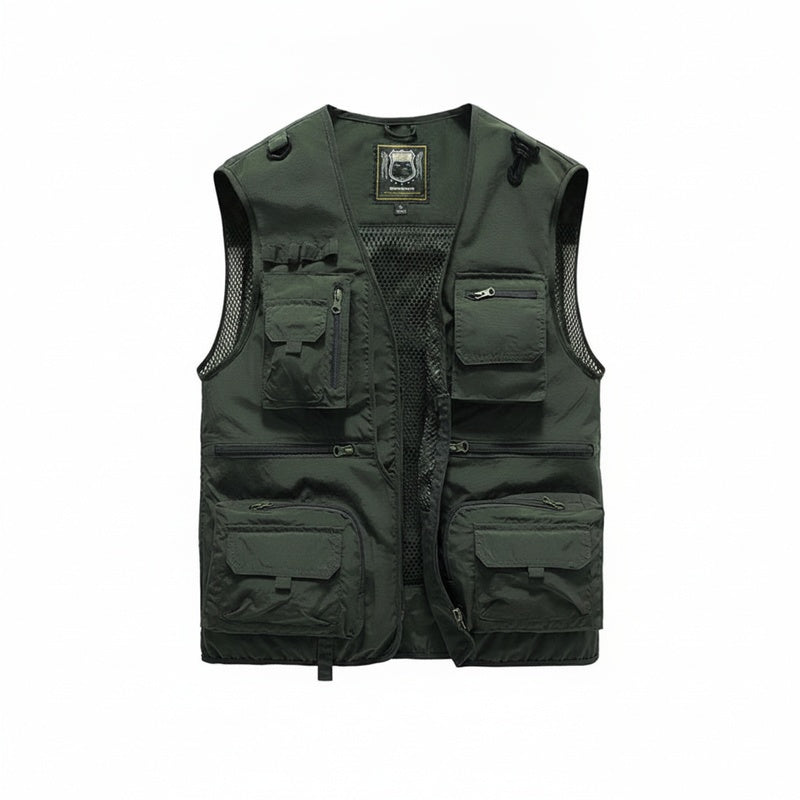Men's Multi-Pocket Outdoor Vest with V-Neck and Mesh Back