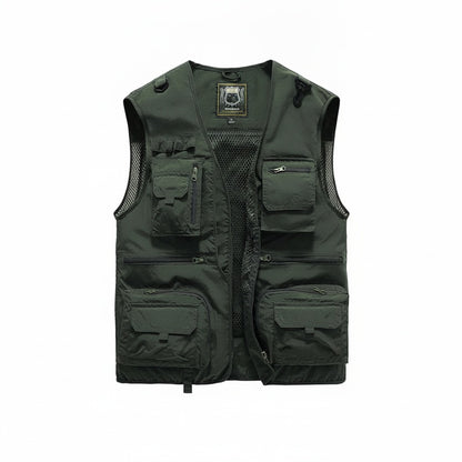Men's Multi-Pocket Outdoor Vest with V-Neck and Mesh Back