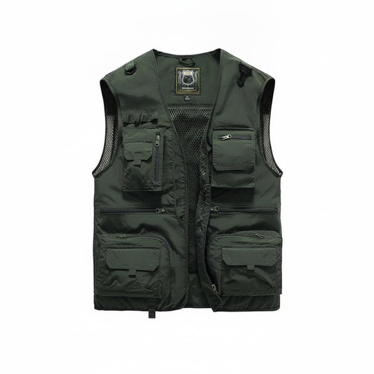 Men's Multi-Pocket Outdoor Vest with V-Neck and Mesh Back