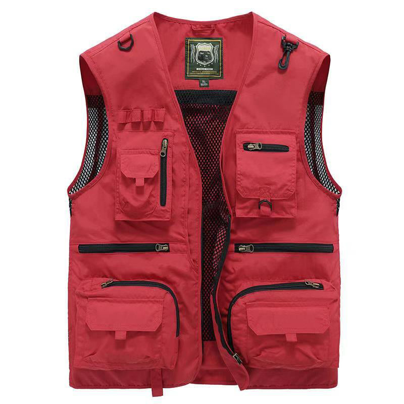 Men's Multi-Pocket Outdoor Vest with V-Neck and Mesh Back