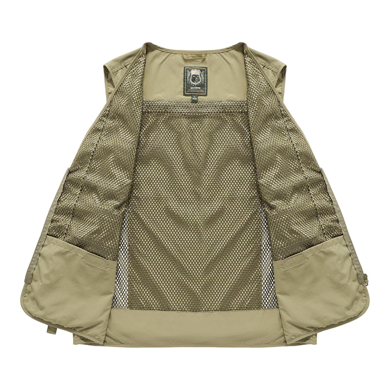 Men's Multi-Pocket Outdoor Vest with V-Neck and Mesh Back