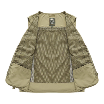 Men's Multi-Pocket Outdoor Vest with V-Neck and Mesh Back