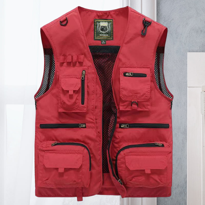 Men's Multi-Pocket Outdoor Vest with V-Neck and Mesh Back