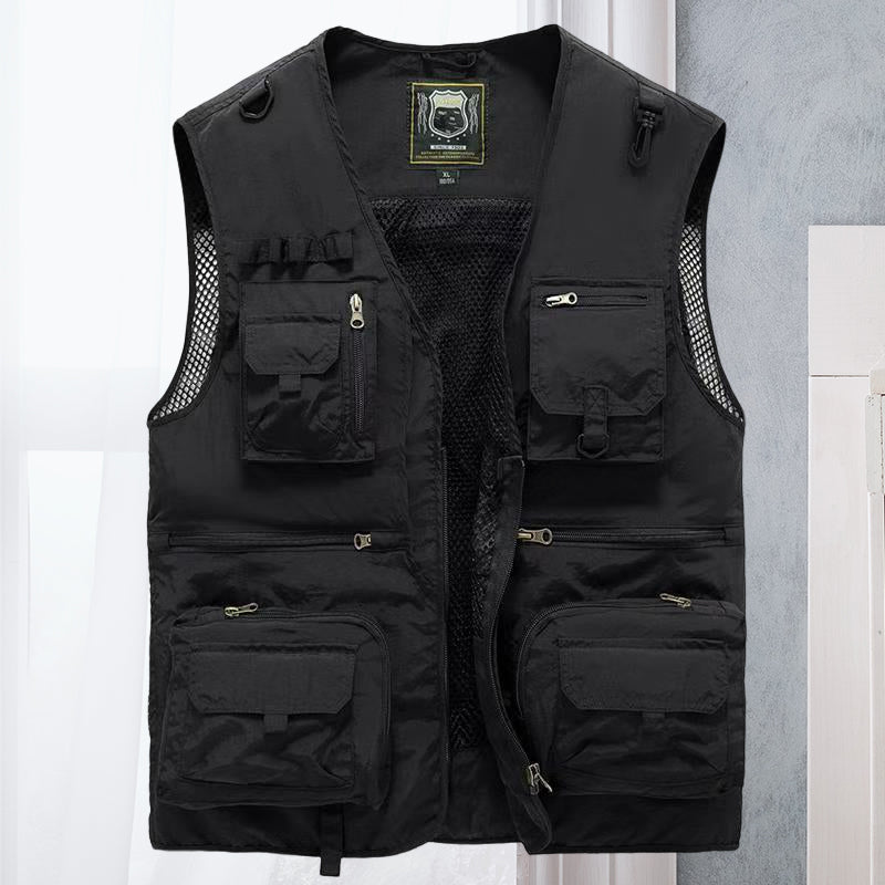 Men's Multi-Pocket Outdoor Vest with V-Neck and Mesh Back