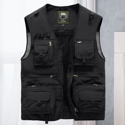 Men's Multi-Pocket Outdoor Vest with V-Neck and Mesh Back