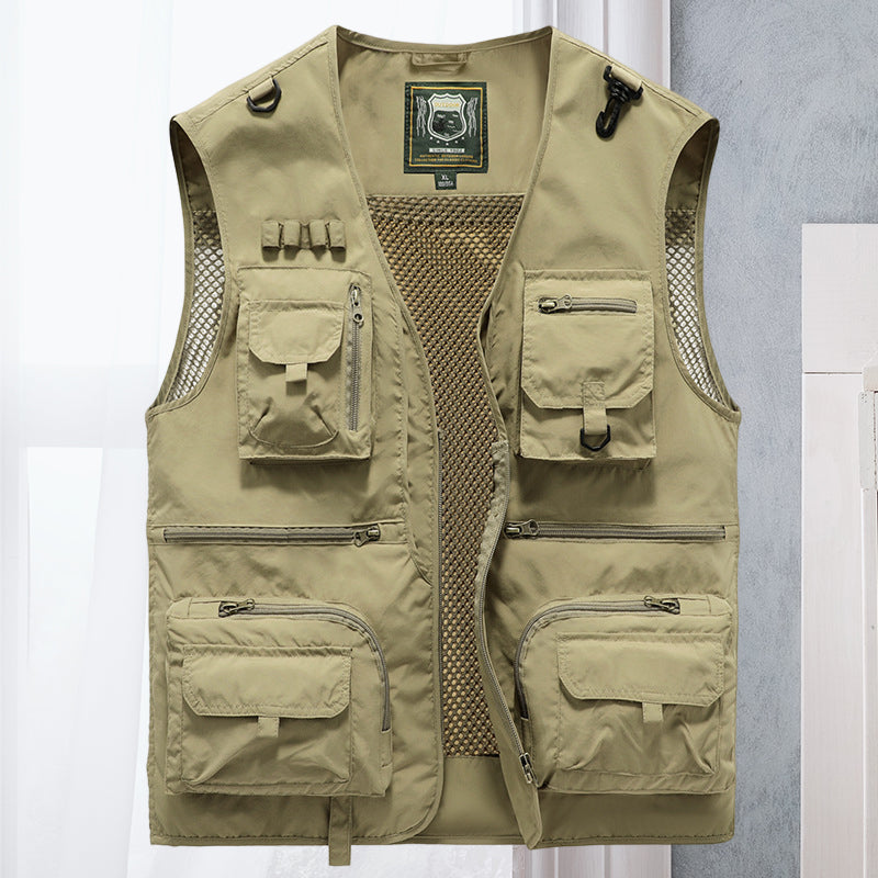 Men's Multi-Pocket Outdoor Vest with V-Neck and Mesh Back