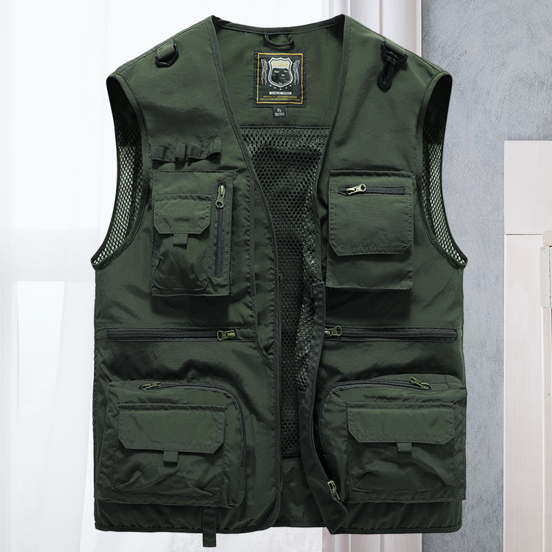 Men's Multi-Pocket Outdoor Vest with V-Neck and Mesh Back