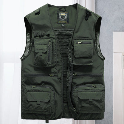 Men's Multi-Pocket Outdoor Vest with V-Neck and Mesh Back