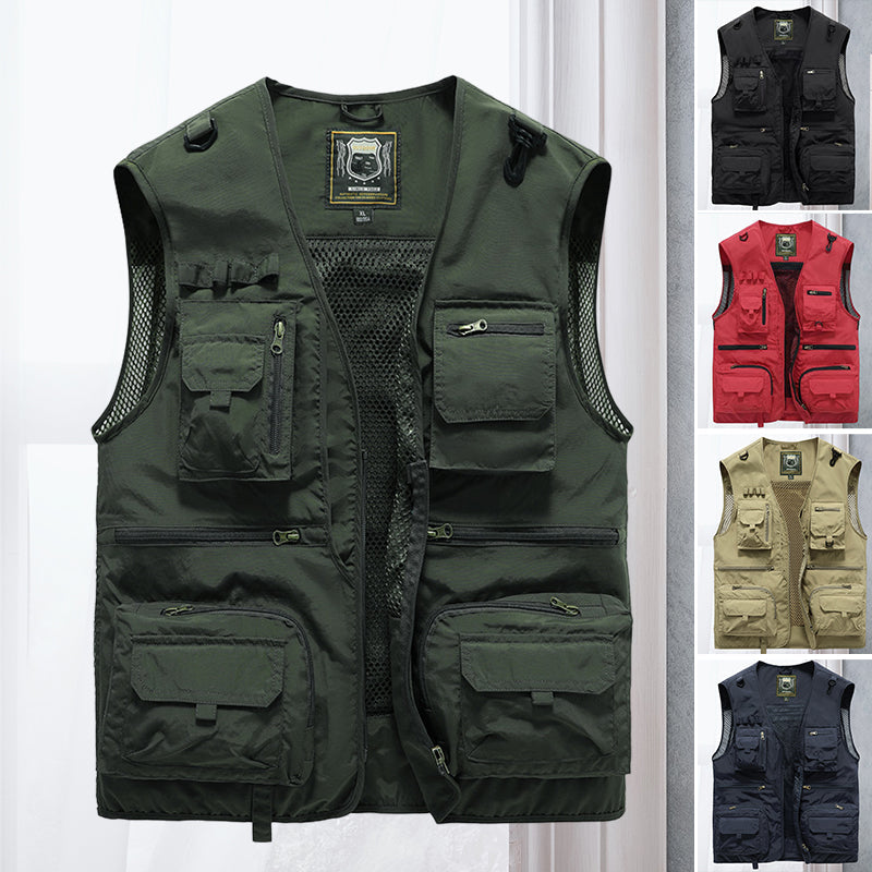 Men's Multi-Pocket Outdoor Vest with V-Neck and Mesh Back