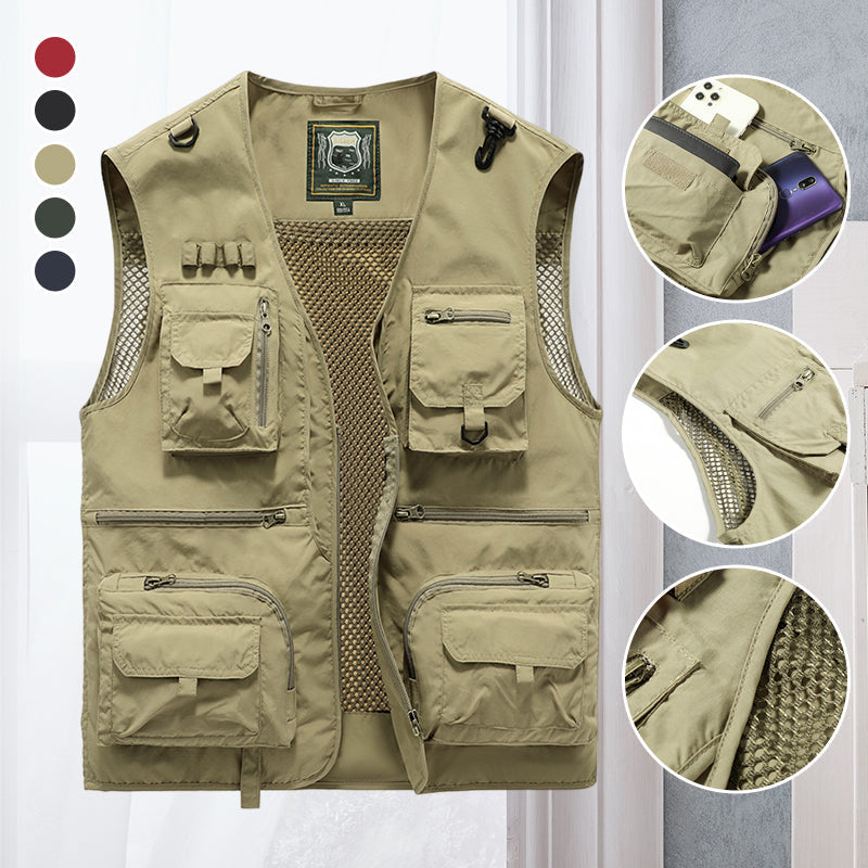 Men's Multi-Pocket Outdoor Vest with V-Neck and Mesh Back