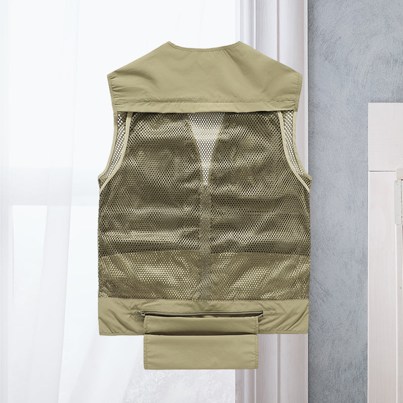 Men's Multi-Pocket Outdoor Vest with V-Neck and Mesh Back