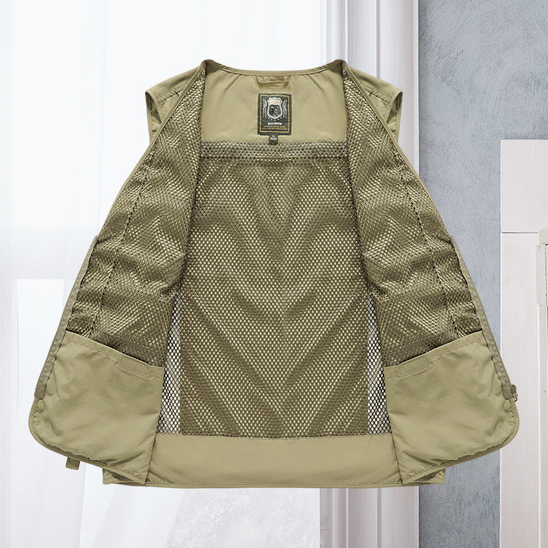 Men's Multi-Pocket Outdoor Vest with V-Neck and Mesh Back