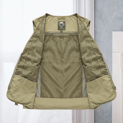 Men's Multi-Pocket Outdoor Vest with V-Neck and Mesh Back