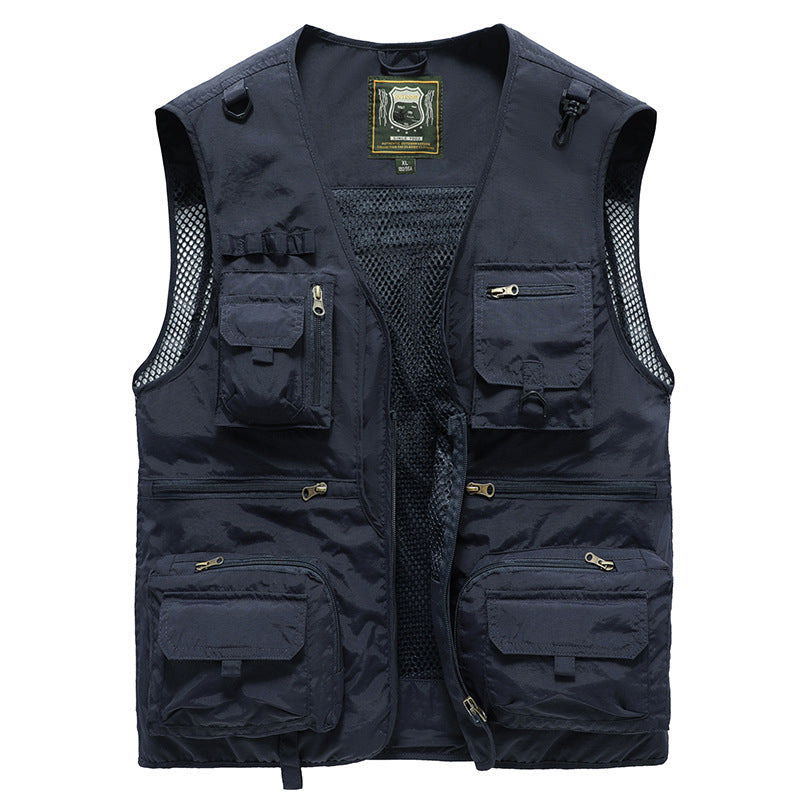 Men's Multi-Pocket Outdoor Vest with V-Neck and Mesh Back