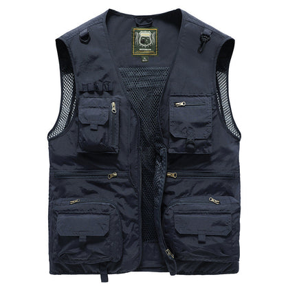 Men's Multi-Pocket Outdoor Vest with V-Neck and Mesh Back